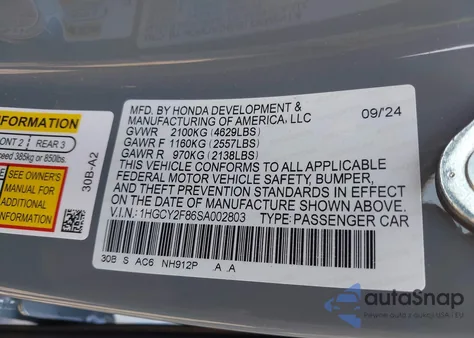 2025 Honda Accord Hybrid Touring z USA, uszkodzony, nr VIN 1HGCY2F86SA002803